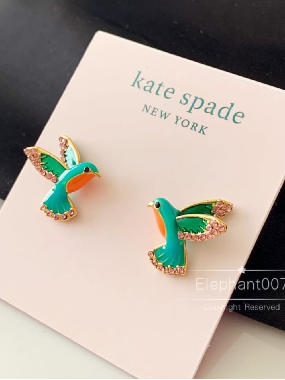 Kate Spade Hummingbird Crystal Stud Earrings Green Pink Gold Bird🐦